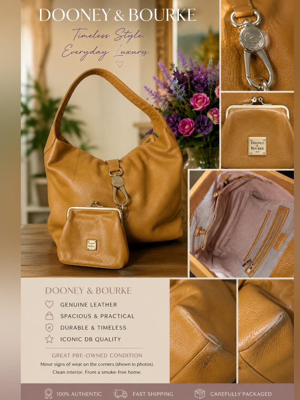 Dooney & Bourke Tan Leather Hobo Bag with Coin Purse